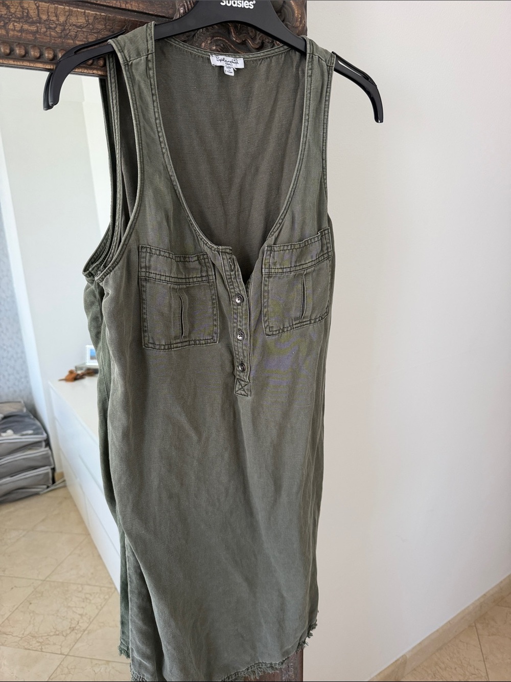 Splendid Olive Green Utility Tank Dress with Chest Pockets